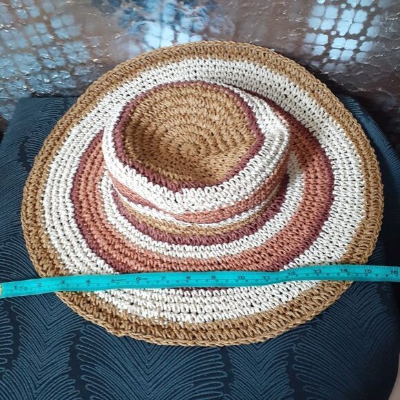 Zara Raffia Straw Striped Tan and Brown Floppy Sun Hat - Picture 4 of 14
